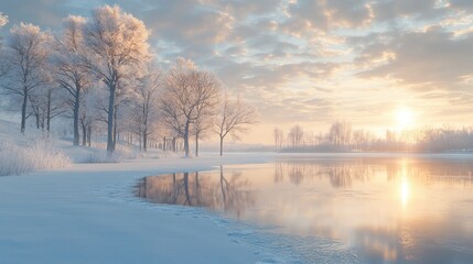 Frozen Trees Reflecting in Calm Lake at Sunrise