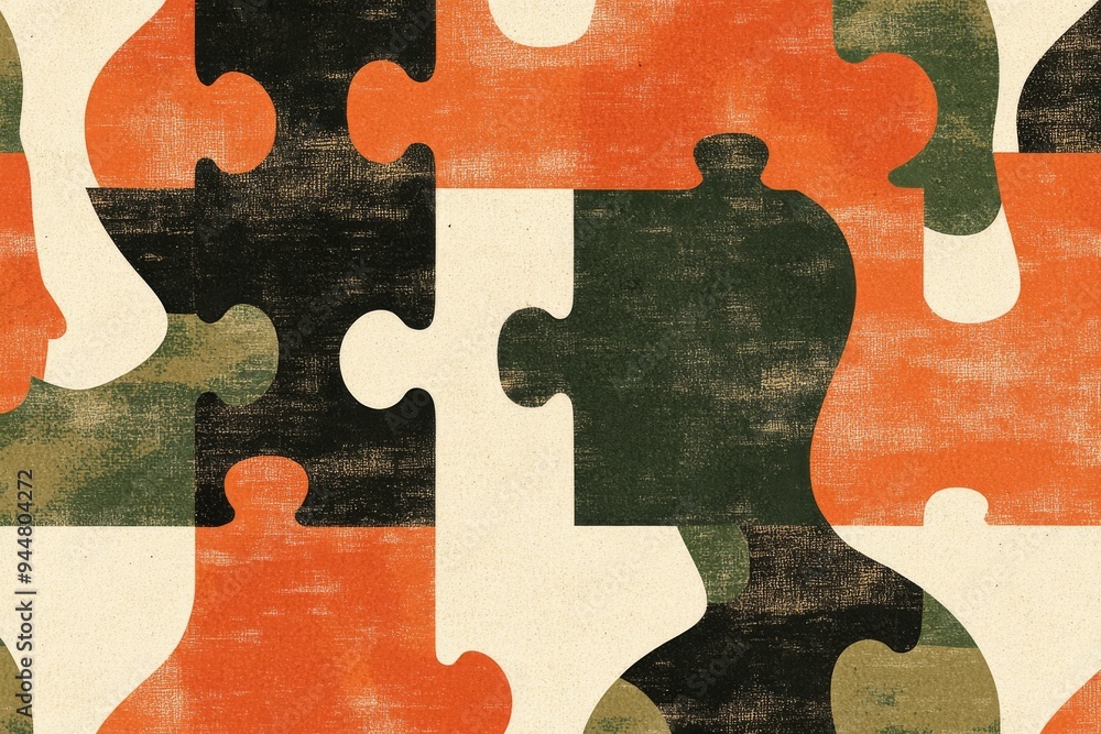 Poster a close up of interlocking puzzle pieces in camouflage colors symbolizing the complexity of thought 