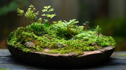 Miniature Garden with Moss and Small Plants in a Wooden Pot