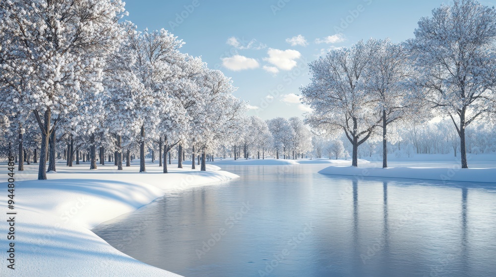 Poster snow covered trees and frozen river in winter landscape