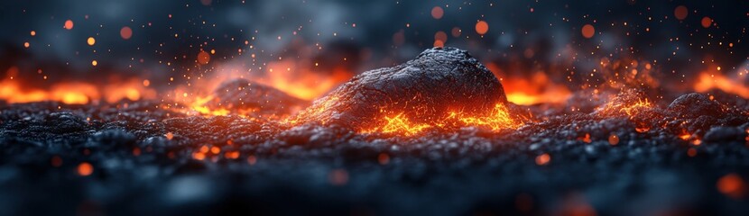 A close-up view of a volcanic eruption with molten lava flowing and sparks flying into the air.