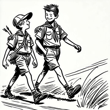 Two Boy Scouts on a hike. Black and white image.