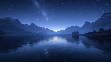 Night Sky Over Mountains and Lake with Stars