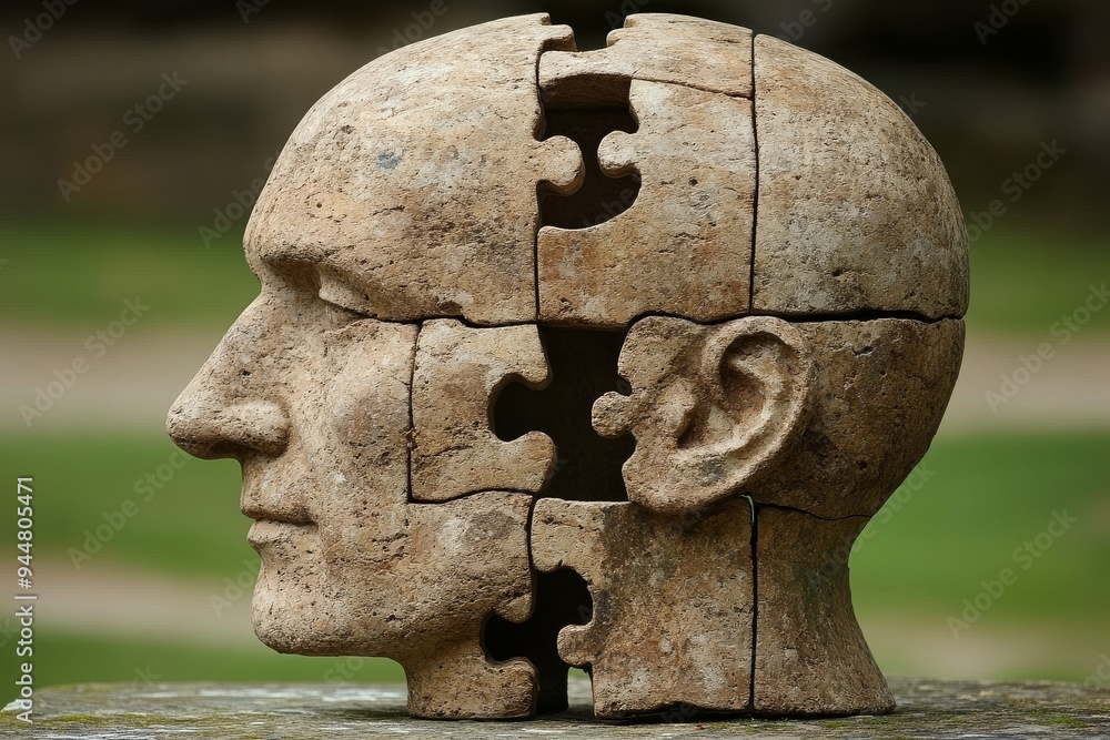 Poster a realistic portrait of a man with his head composed of large puzzle pieces symbolizing the fragment