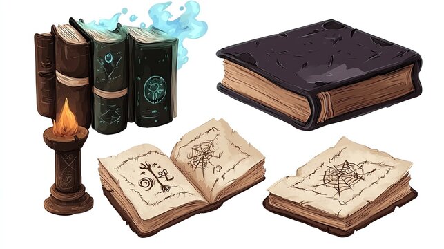 Halloween set clipart, eerie witchs spellbook, ancient and worn, isolated on white background