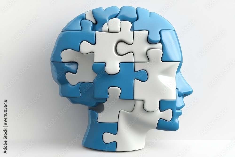 Poster monochromatic puzzle brain sculpture symbolizing cognitive processes mindfulness and problem solving