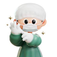 Surgeon ready for surgery, raise his hand and wear gloves. Doctor in gloves, mask and uniform in operating room. 3D cute cartoon character. male doctor with stethoscope. Concept of science, medical, h © bluso