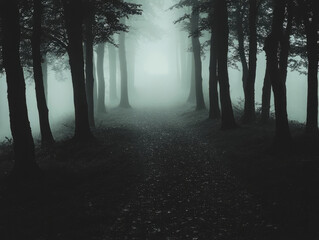 Naklejka premium Trail in the mystic forest with fog