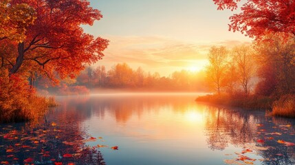 Fototapeta premium Autumn Sunset Reflection on Calm Lake with Red and Yellow Fall Foliage