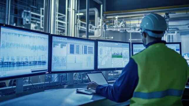 Engineers reviewing blueprints and monitoring systems in a wastewater treatment control room