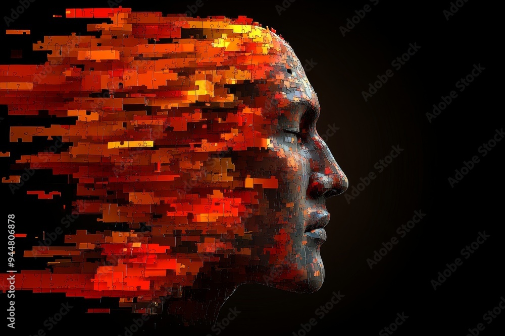 Wall mural Mans Face Dissolving into Digital Blocks Symbolizing the Fragmentation of Memory and Identity in the Age of Information Technology and Cognitive Disintegration