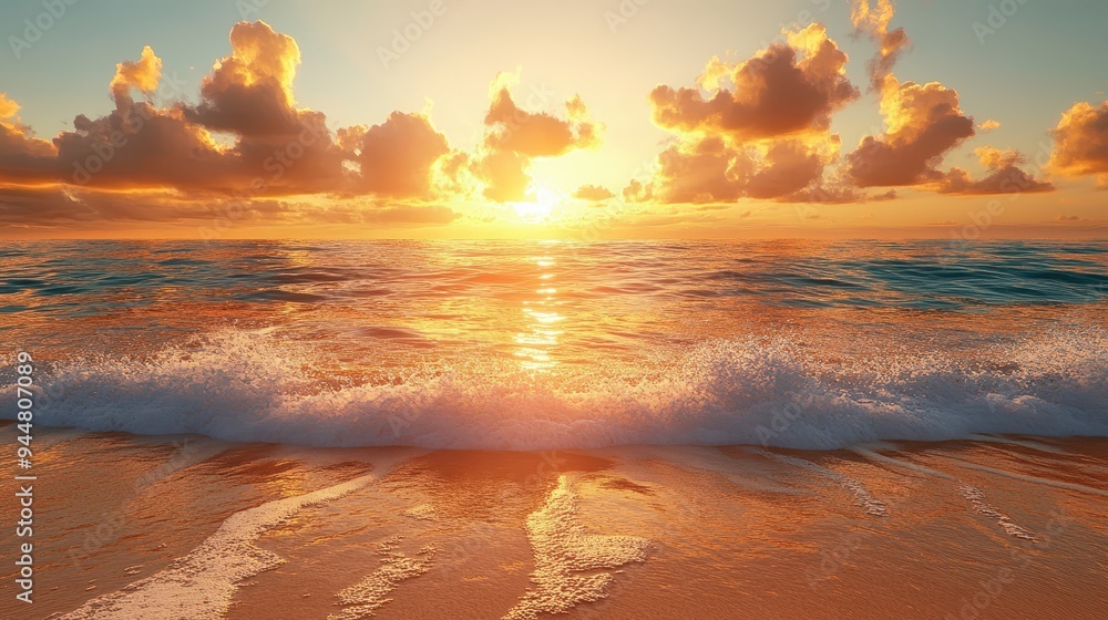 Wall mural Golden Sunset Over Ocean Waves and Sandy Beach