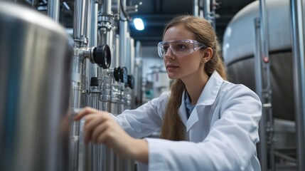 A female foreman checks the pressure valve system every day in a modern mineral water production plant.