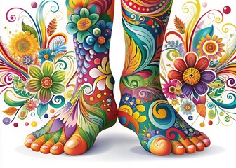Whimsical digital illustration of a pair of colorful feet standing on a white background, adorned with vibrant floral patterns and swirling shapes.