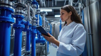 A female foreman uses a computer and a top to record the operation of a pressure control valve.
