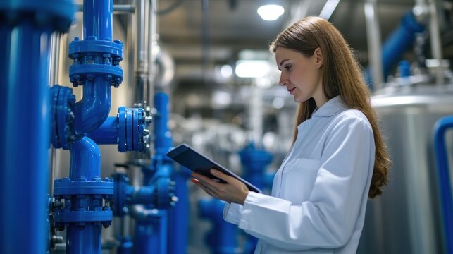 A female foreman uses a computer and a top to record the operation of a pressure control valve. - Powered by Adobe