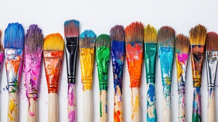 Row Of Messy Colorful Paint Brushes On Isolated White Background - Creativity Concept with generative ai