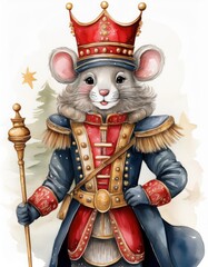 Cute cartoon mouse in a royal crown. Watercolor illustration.