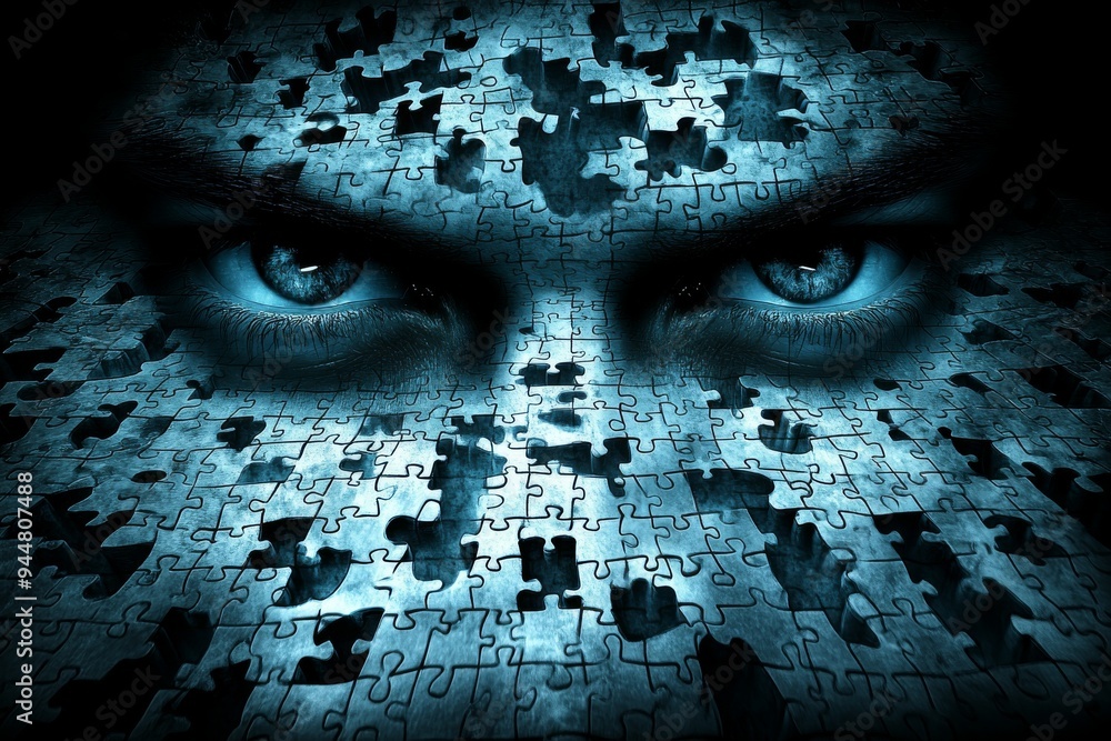 Poster piercing eyes emerging from a puzzle grid representing the power of observation perception and the a