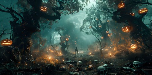 Obraz premium A spooky Halloween forest with jack-o-lanterns hanging from the trees and scattered skulls on the ground.