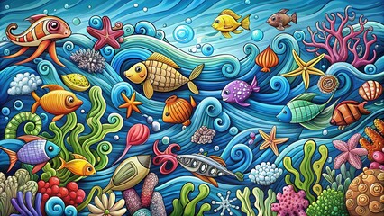 Naklejka premium Whimsical hand-drawn doodles of sea creatures, waves, and coral reefs in bright colors, scattered across a calming blue ocean background with subtle texture and depth.