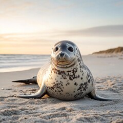 Fototapeta premium A little grey seal is sunbathing on the beach by the sea, enjoying the sunshine.