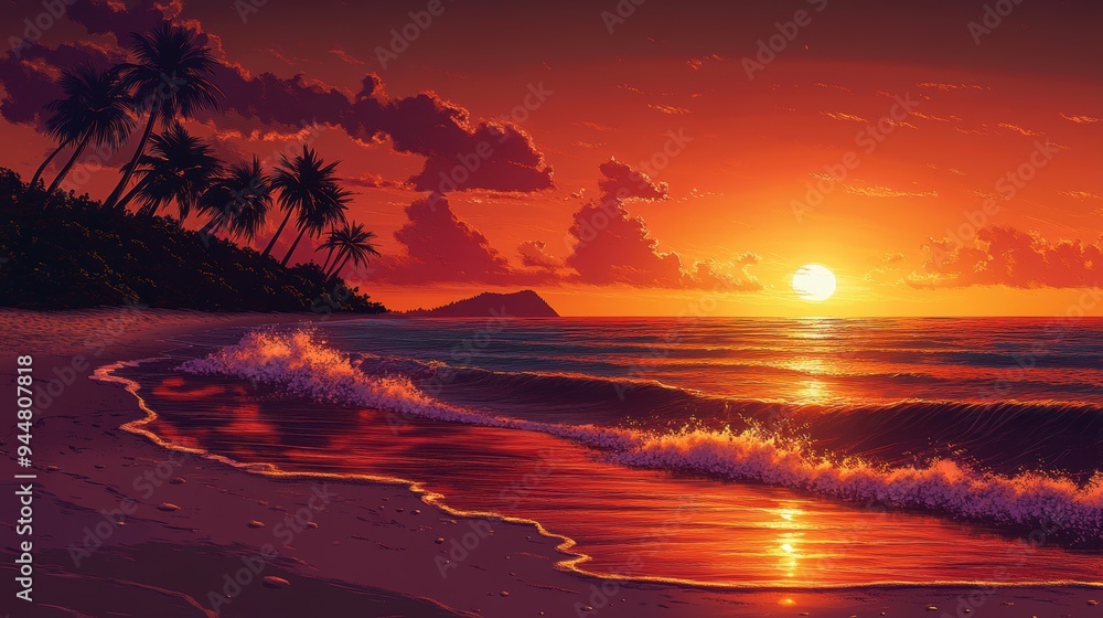 Sticker Tropical Sunset Beach Landscape with Palm Trees and Ocean Waves