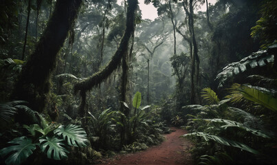A misty path winds through the lush rainforest, creating a serene and mysterious atmosphere
