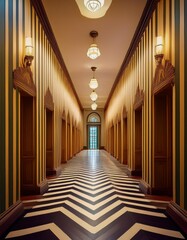 3d rendering of an arabic hotel corridor with a golden ceiling
