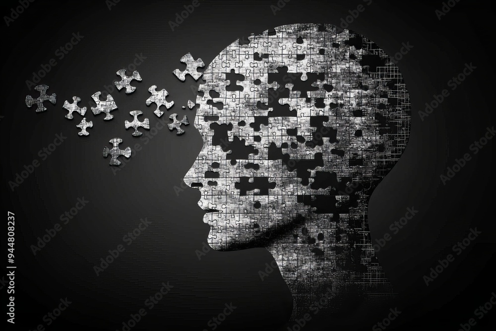 Poster abstract black and white human face constructed from puzzle pieces symbolizing identity memory and t