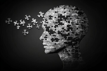 Abstract Black and White Human Face Constructed from Puzzle Pieces Symbolizing Identity Memory and the Complexities of Human Thought in a Minimalistic Art Style
