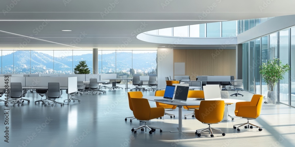Poster high-tech modern office with ergonomic furniture digital displays and collaborative areas designed f