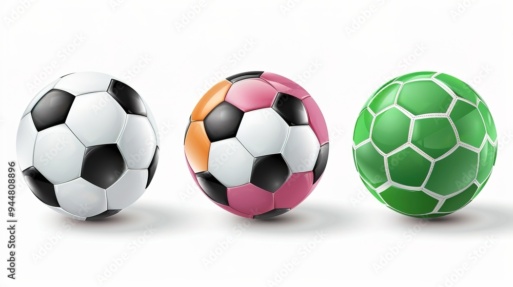 Wall mural three sets of various colorful realistic soccer balls isolated on a white background, featuring a ra