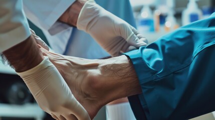 Shows a close-up of a podiatrist examining feet in a medical facility.