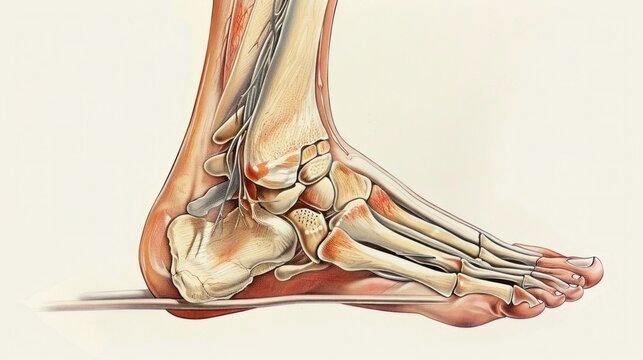 Illustration of human ankle anatomy, white background.