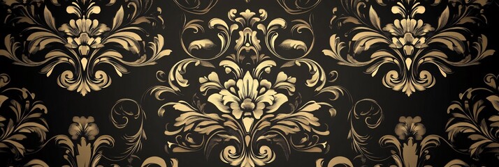 Elegant gold floral damask pattern on a dark background.
