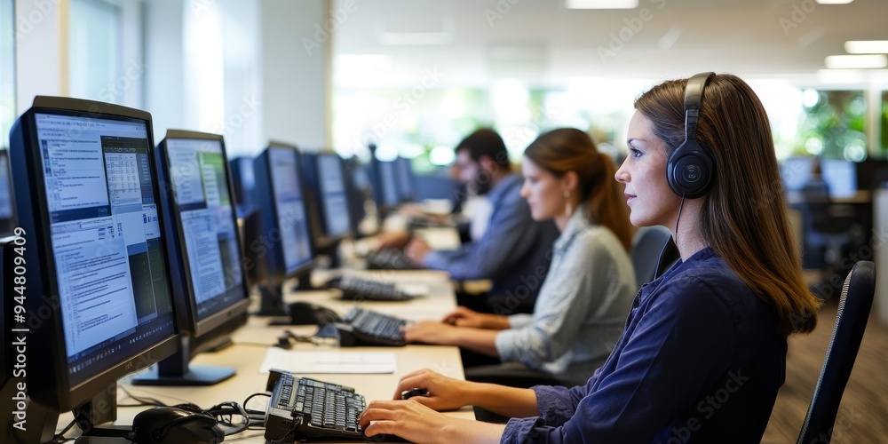 Fototapete Dedicated customer support team assisting clients with queries and issues using digital tools and personalized service in a modern office