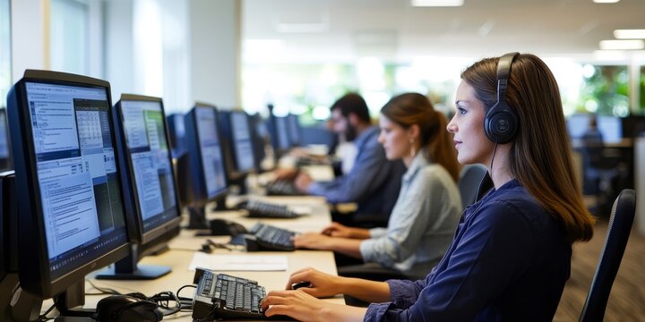 Dedicated customer support team assisting clients with queries and issues using digital tools and personalized service in a modern office