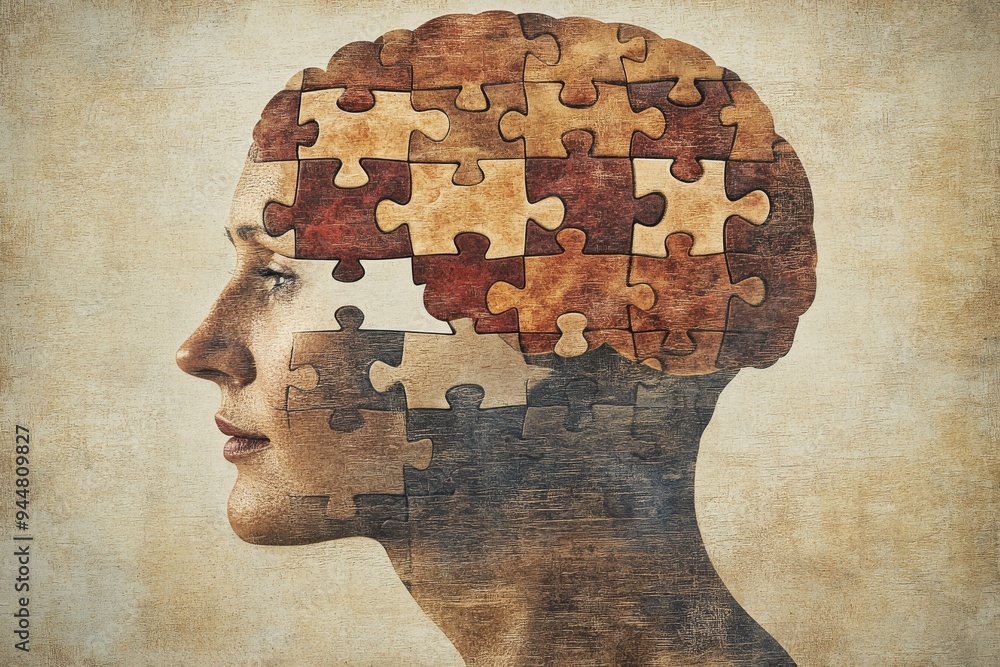 Poster side profile of a head composed of puzzle pieces representing the intricacies of thought memory and 