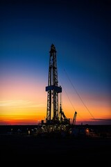 A drilling rig silhouetted against the dawn sky, with the first light of day breaking over the horizon. The rig stands tall