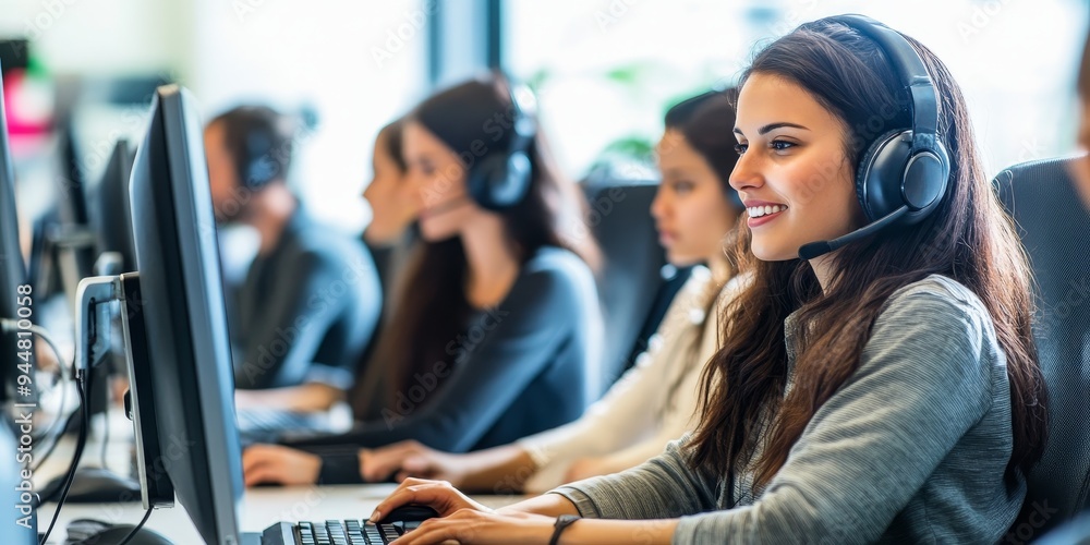 Fototapete Dedicated customer support team assisting clients with queries and issues using digital tools and personalized service in a modern office