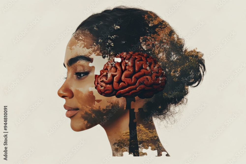 Poster Profile of a Woman with a Visible Brain Highlighting the Cognitive Processes Intelligence and Emotional Depths of Human Thought in an Artistic Abstract Design