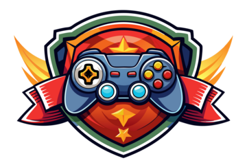 Game gaming esport logo design, joystick controller keypad and shield vector