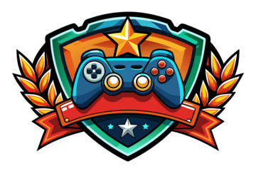 Game gaming esport logo design, joystick controller keypad and shield vector