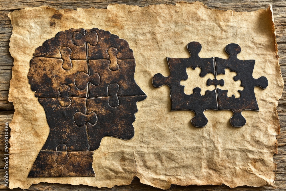 Poster vintage illustration of a human head with a puzzle piece missing symbolizing memory loss cognitive d