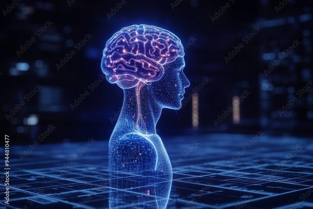 Poster glowing human brain in a digital network representing the future of cognitive enhancement artificial