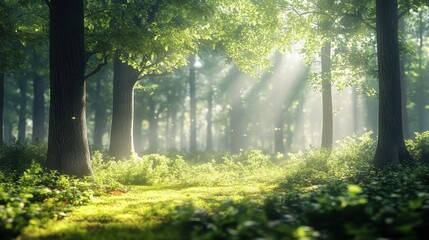 Obraz premium Sunbeams through Trees in Lush Forest