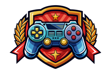 Game gaming esport logo design, joystick controller keypad and shield vector