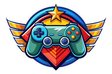Game gaming esport logo design, joystick controller keypad and shield vector