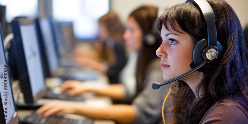 Poster professional customer support representatives providing comprehensive assistance through phone and o